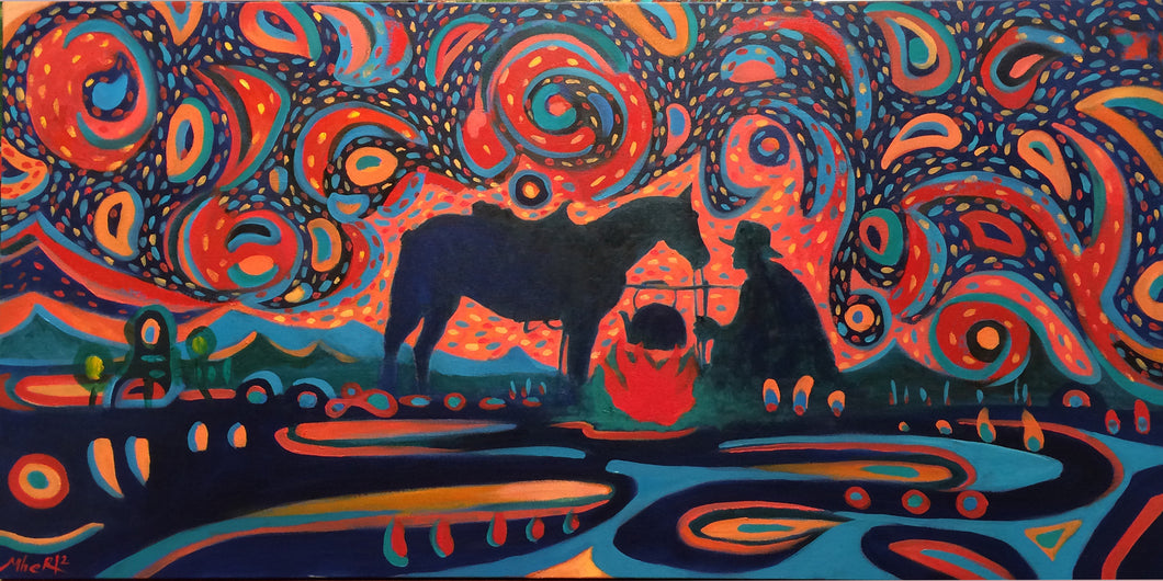 Cowboy horse and starry night